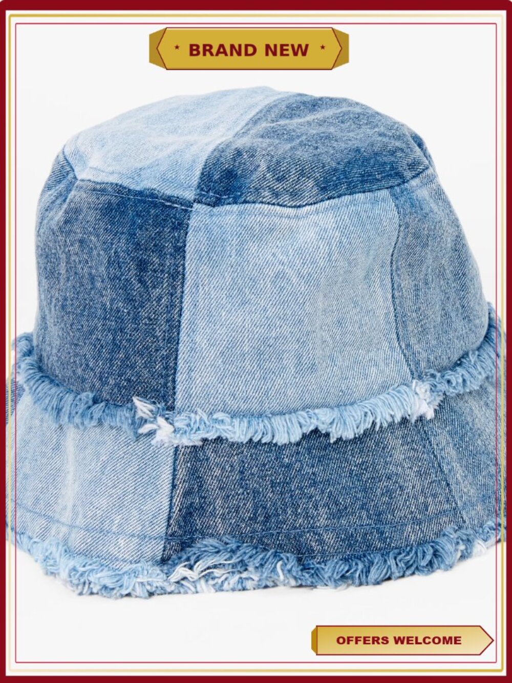 Denim Patchwork Bucket Hat Cotton Fringe Raw Edges One Size